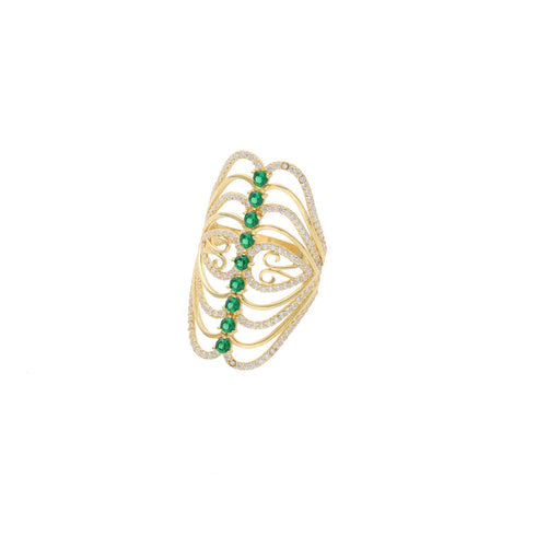 14K yellow gold filigree ring with emerald green zirconium stones and clear zircon accents - vintage statement ring by VEKA JEWELRY