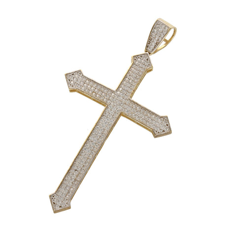 10K yellow gold slim cross pendant with full CZ stones and arrow edge design
