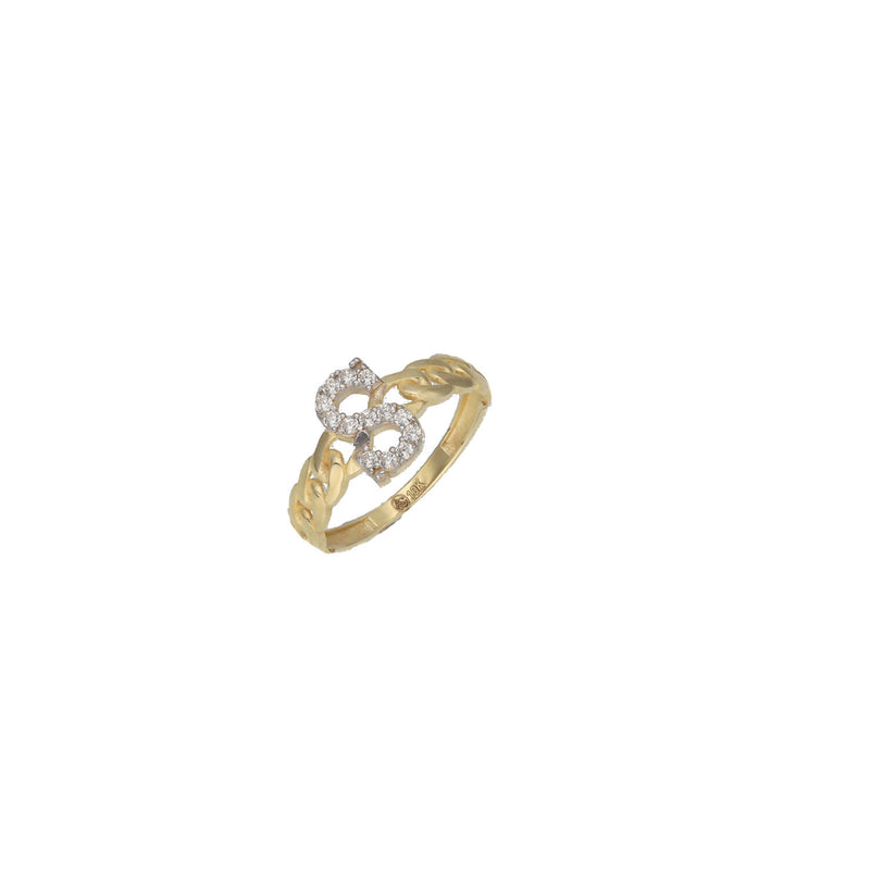 A gold ring with a cuban link chain design and a zirconia stone in the shape of a S initial.