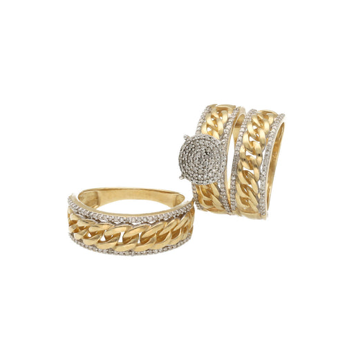 "10K gold diamond trio wedding Cuban set with 5/8 CTW real diamonds on white background
