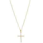 Gold cross pendant in natural diamonds and a gold cuban necklace on a white background