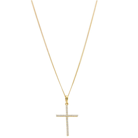 Gold cross pendant in natural diamonds and a gold cuban necklace on a white background