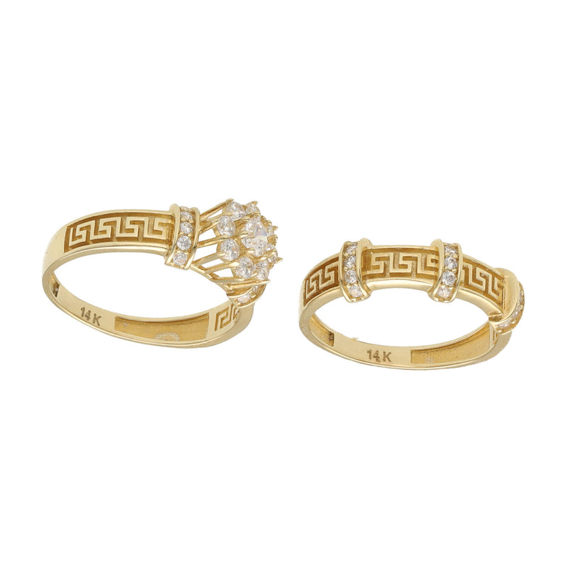 14K Gold Duo Wedding Ring Set - Maze Design with Zirconia Stones