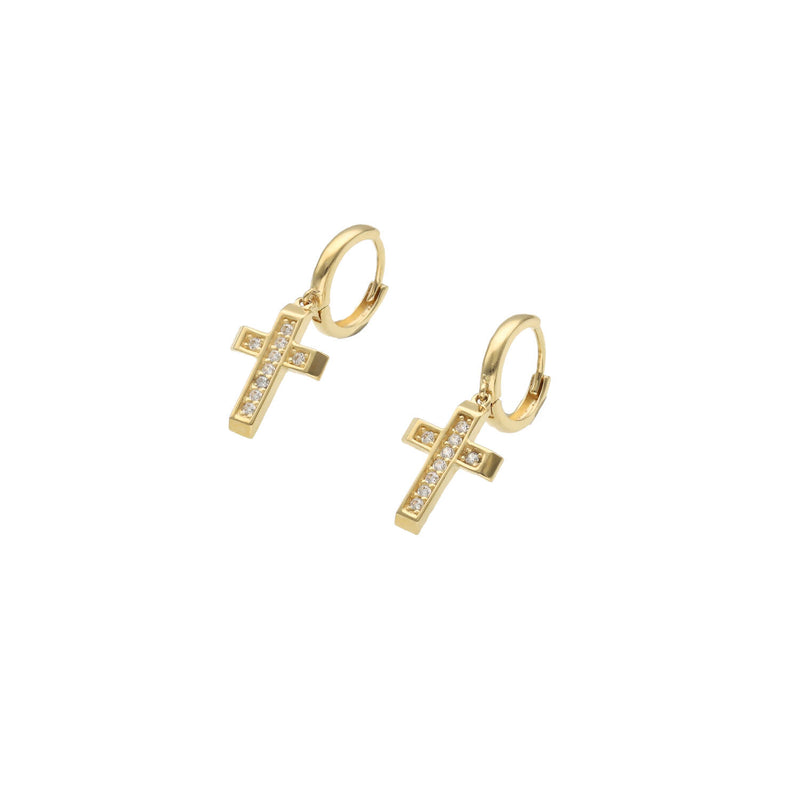 14 karat Gold & CZ Cross Huggies Earrings