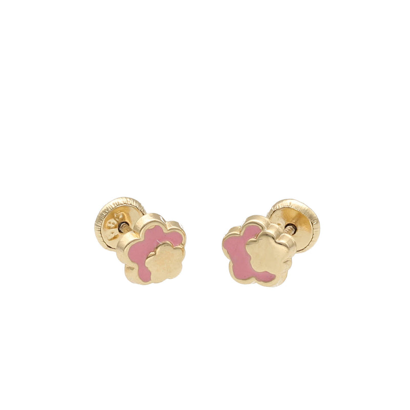 14 karat Gold Pink Flower Screwback Earrings