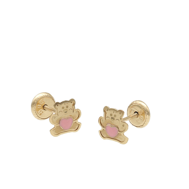 14 Karat Gold Pink Teddy Bear Screwback Earrings