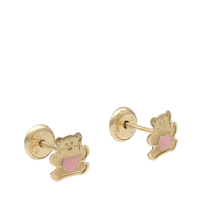 14 Karat Gold Pink Teddy Bear Screwback Earrings