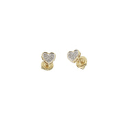 A pair of 10 karat yellow gold diamond heart stud earrings with screw back closures.