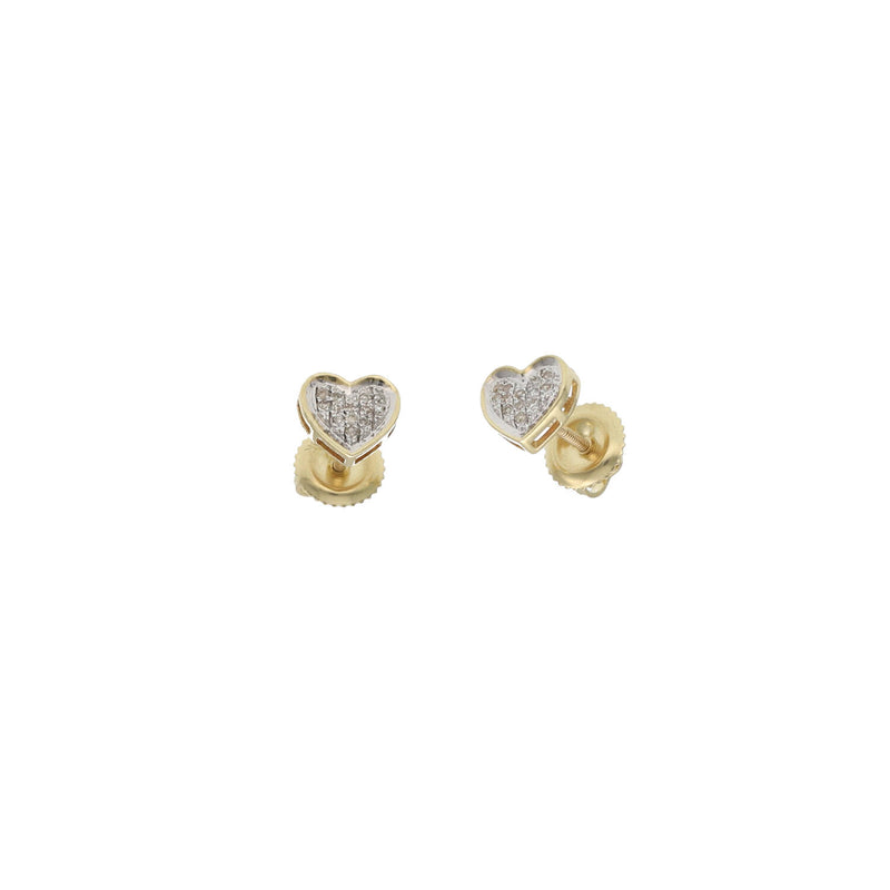 A pair of 10 karat yellow gold diamond heart stud earrings with screw back closures.