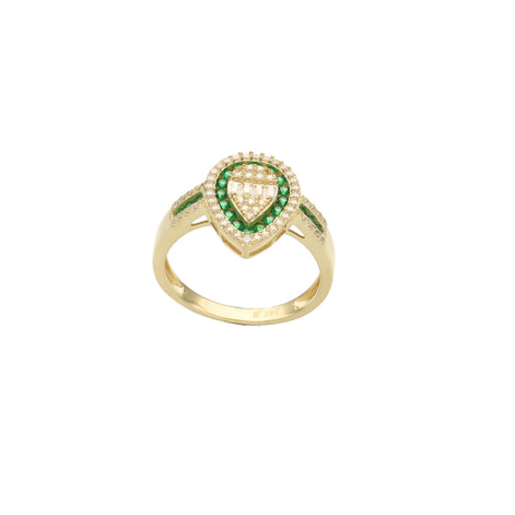 A 14 karat gold ring with a green zirconia pear shape design