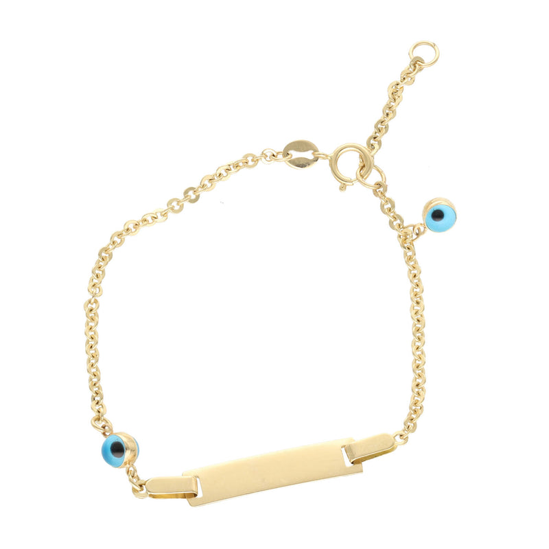 A 14 Karat Gold Rolo Eye Baby ID Bracelet with a small rectangular tag and a blue bead charm, displayed against a white background.