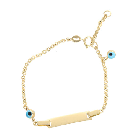 A 14 Karat Gold Rolo Eye Baby ID Bracelet with a small rectangular tag and a blue bead charm, displayed against a white background.