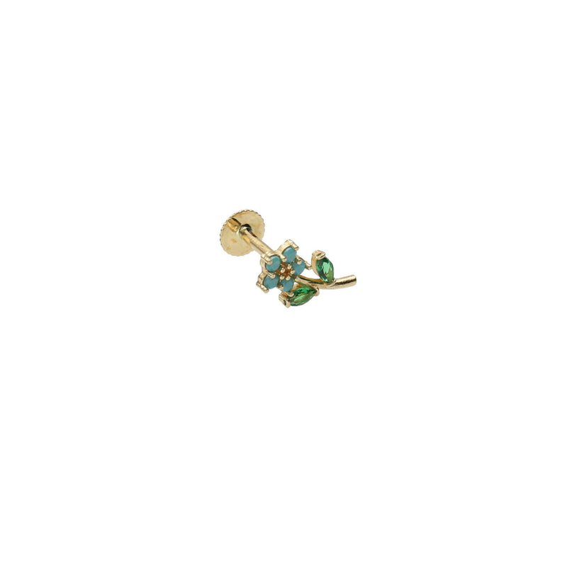  Cartilage Flower Piercing with turquoise and green gemstones showing the screwback closure