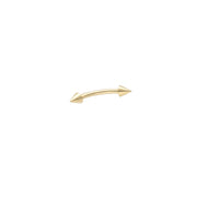 A 14 karat gold eyebrow piercing with a curved design and arrows, presented on a white background.