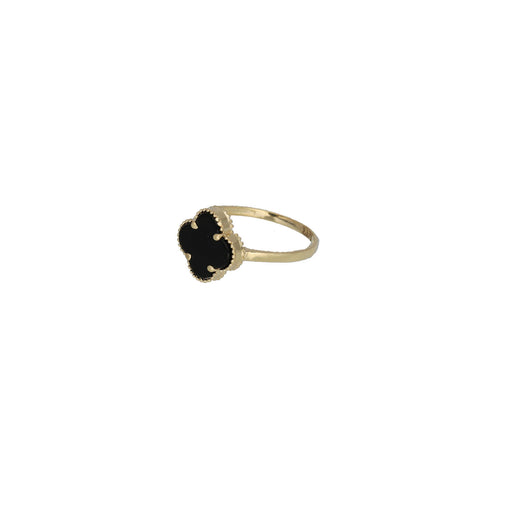 Gold ring with a black Onyx clover on a white background