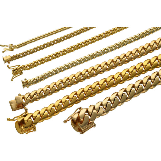 14k Solid Gold Miami Cuban Link Chain Set of gold chains on a white background