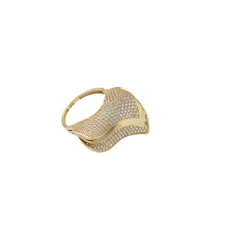 14K gold sculptural wave ring with CZ stones showing curved artistic design - modern statement ring for women by Veka Jewelry
