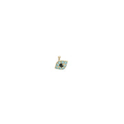 A 14 Karat gold nose piercing with a blue and black evil eye design on the front.