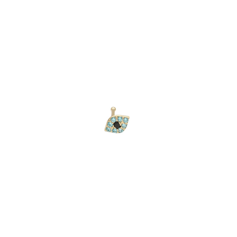A 14 Karat gold nose piercing with a blue and black evil eye design on the front.