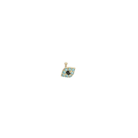 A 14 Karat gold nose piercing with a blue and black evil eye design on the front.