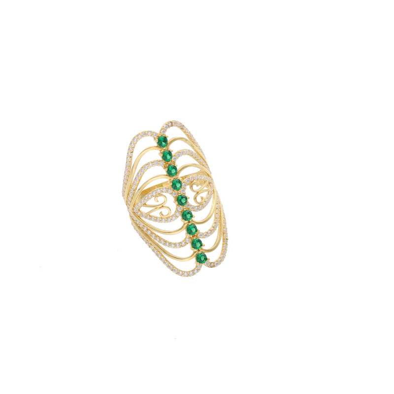 14K yellow gold filigree ring with emerald green zirconium stones and clear zircon accents - vintage statement ring by VEKA JEWELRY