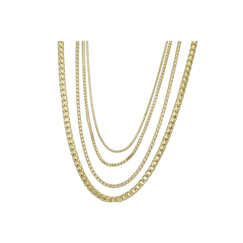 14k Solid Gold A set of three gold Franco Rondo chains of varying lengths laid out parallel to each other against a white background.