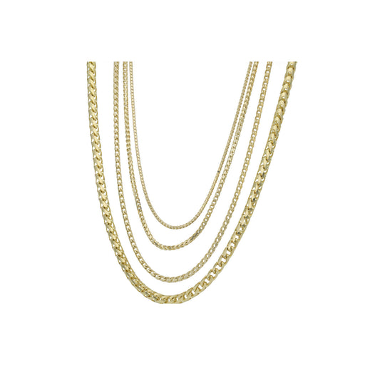 14k Solid Gold A set of three gold Franco Rondo chains of varying lengths laid out parallel to each other against a white background.