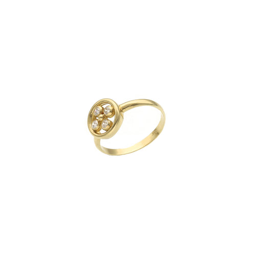 A 10 karat gold yellow gold ring with a flower-shaped design featuring a central cubic zirconia, surrounded by smaller clear crystals set in a yellow gold band.