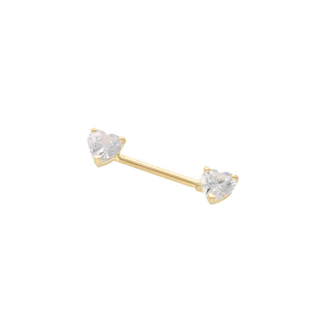 A 14k gold straight barbell with heart-shaped cubic zirconia ends.