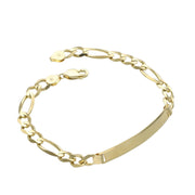0K solid gold Figaro ID bracelet with engravable plate on white background showing classic chain pattern in a white background