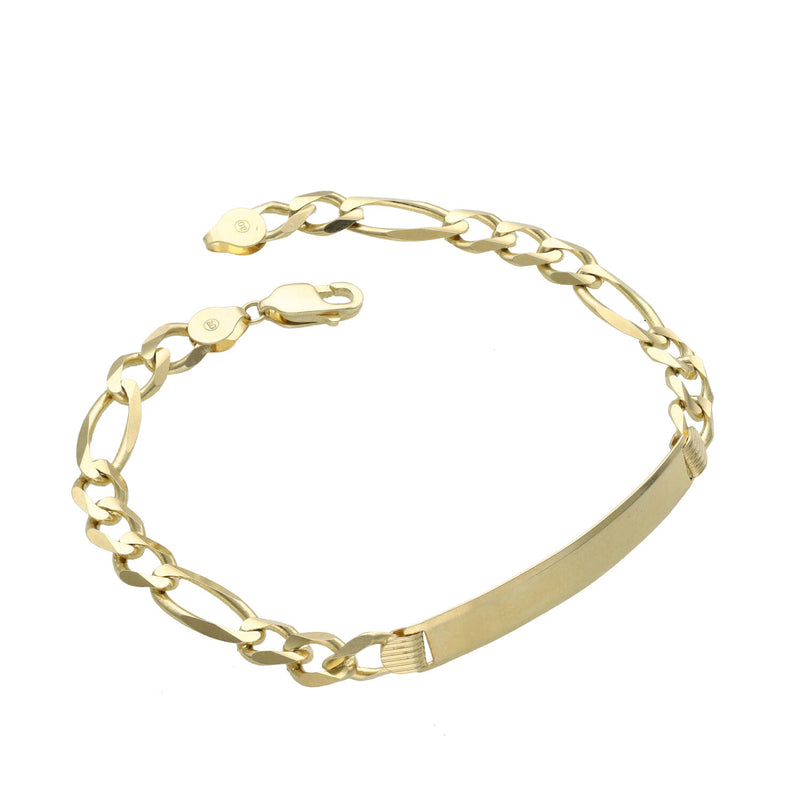 0K solid gold Figaro ID bracelet with engravable plate on white background showing classic chain pattern in a white background