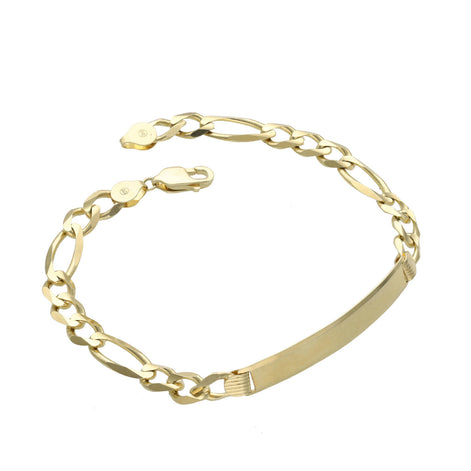 0K solid gold Figaro ID bracelet with engravable plate on white background showing classic chain pattern in a white background