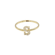 A yellow gold ring with a single initial 'S' adorned with zirconia stones.