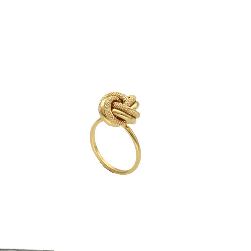 A 10 karat gold yellow gold ring with a textured knot design, displayed against a white background.