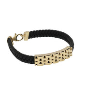 A 14 karat gold leather bracelet with a lobster lock clasp, crossed in a figure-eight style, displayed on a white background.