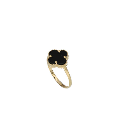 Gold ring with a black Onyx clover on a white background
