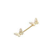 A 14 karat gold cartilage piercing with two butterfly embellishments on either end.