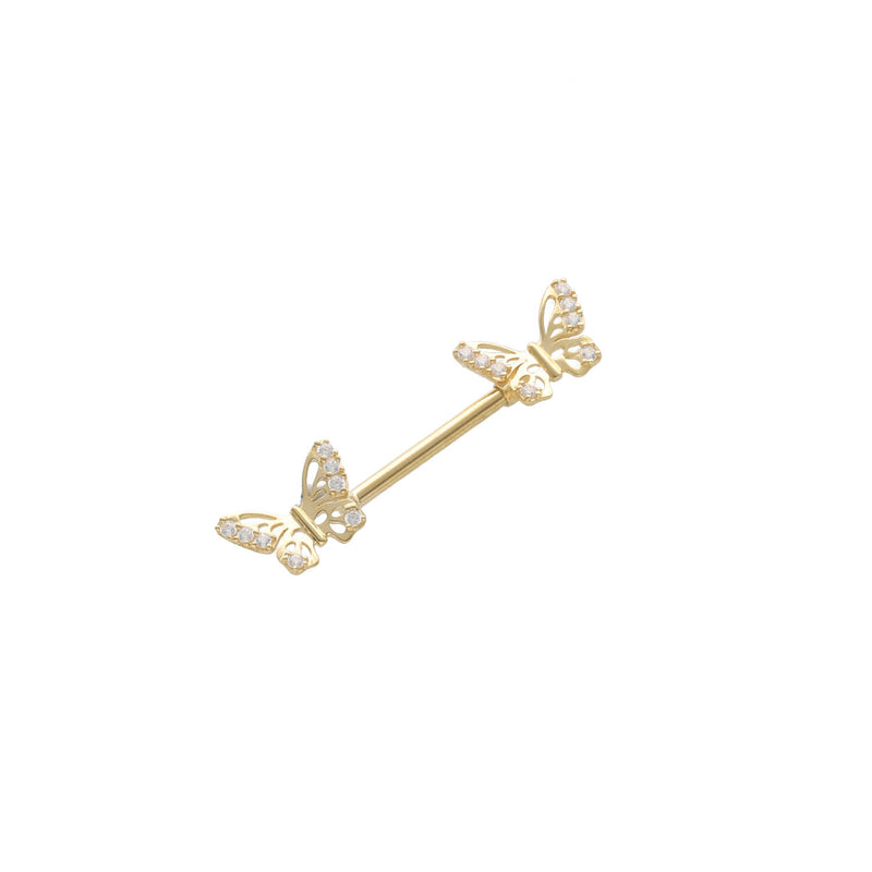A 14 karat gold cartilage piercing with two butterfly embellishments on either end.