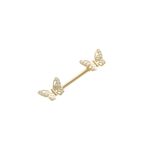 A 14 karat gold cartilage piercing with two butterfly embellishments on either end.