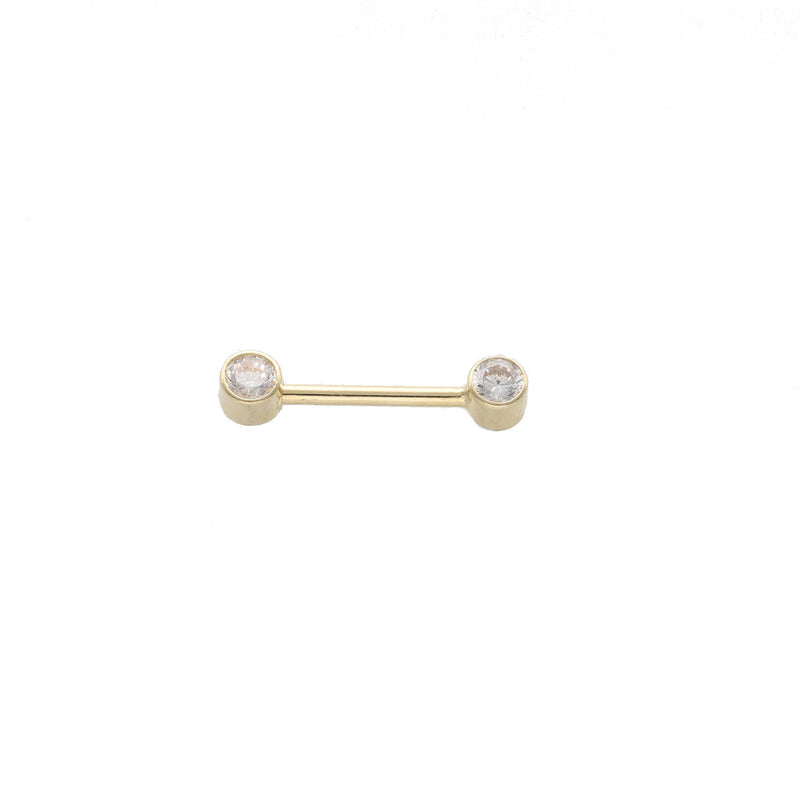 A 14 karat gold straight barbell piercing adorned with cubic zirconia on both ends.