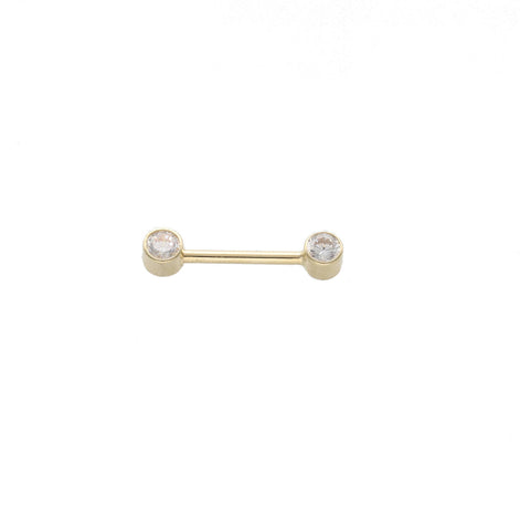 A 14 karat gold straight barbell piercing adorned with cubic zirconia on both ends.