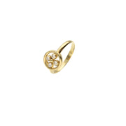 A 10 karat gold yellow gold ring with a flower-shaped design featuring a central cubic zirconia, surrounded by smaller clear crystals set in a yellow gold band.