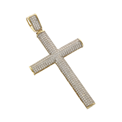 Gold cross pendant with diamond accents on a white background