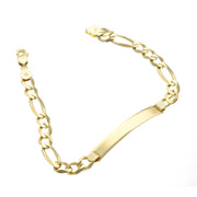 0K solid gold Figaro ID bracelet with engravable plate on white background showing classic and old school link 
