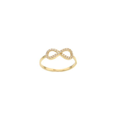 A 14 karat gold yellow gold cubic zirconia infinity ring with a open band design.