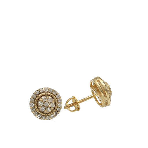 A close up of a pair Diamond Stud Earrings Screw Back Mechanism 10K Gold Round Cut