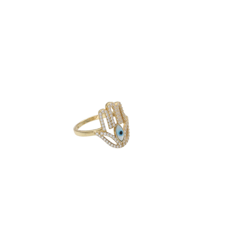 A luxurious 14-Karat Gold Ring with a Hamsa hand design, adorned with a blue eye gemstone and encrusted with stones displayed in a white background.
