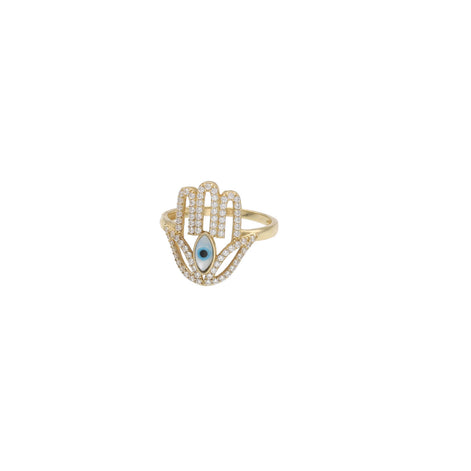 A 14 Karat gold ring featuring a Hamsa hand design with encrusted zircons.