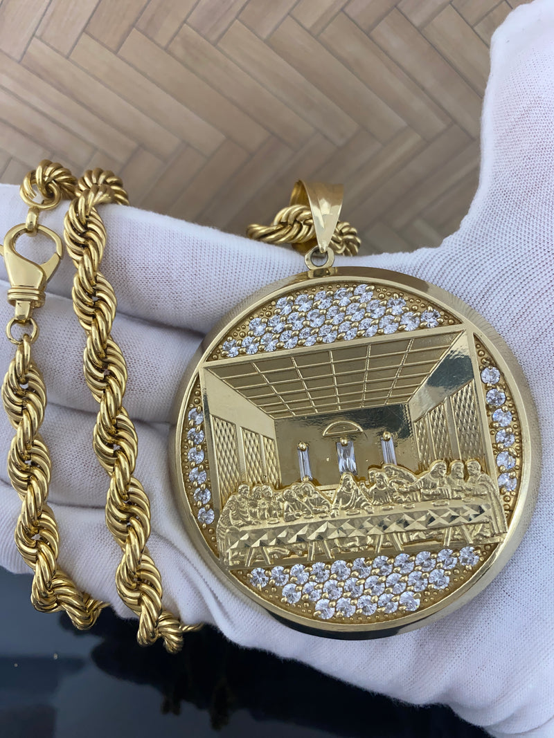 10 Karat Gold & CZ Last Supper Big Medallion Charm