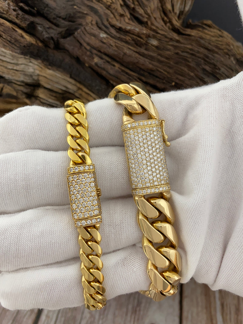 14 Karat Gold & Natural Diamond Coffin Lock Miami Cuban Link Bracelet